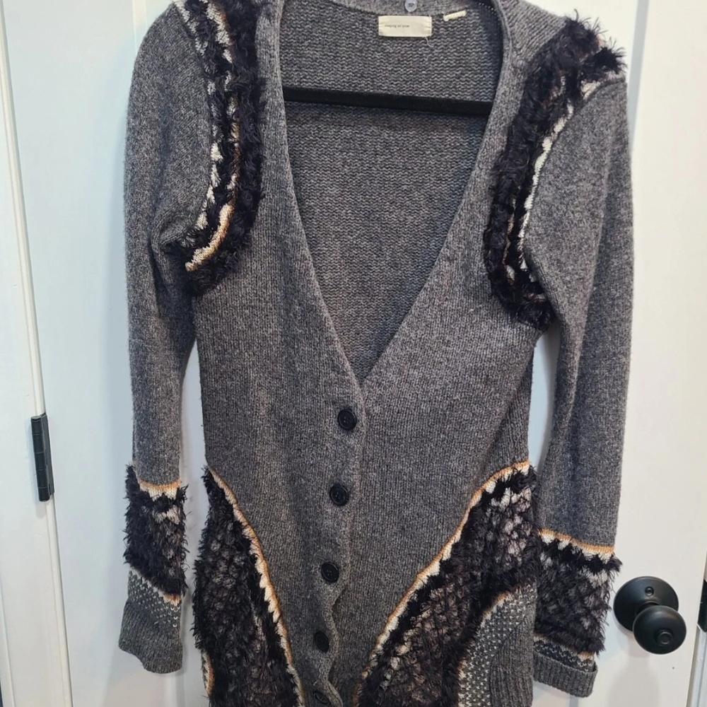 Free People Gray and Black Cardigan Sweater with Textured Trim